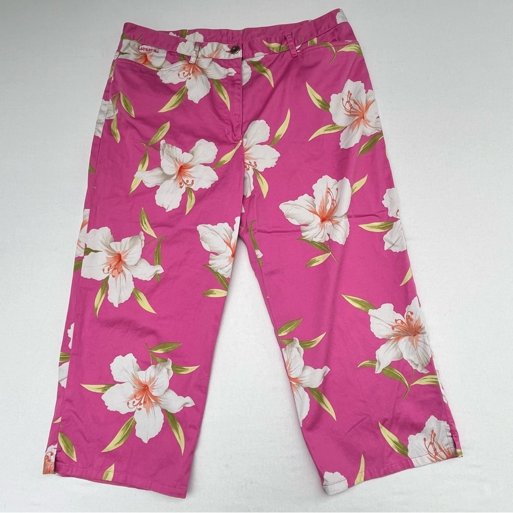 Lauren Ralph Lauren  Women Pink Hibiscus Cropped Pants Cotton Stretch Size 16